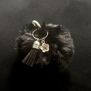 Chic Black Pom Pom Keychain with Tassel and Flower Charm